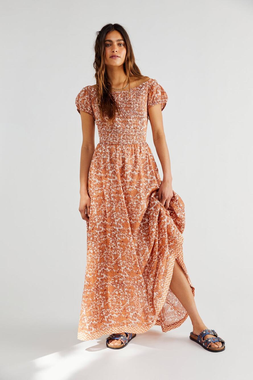 Free People Ultraviolet Smocked Floral Maxi Dress in Tea Combo